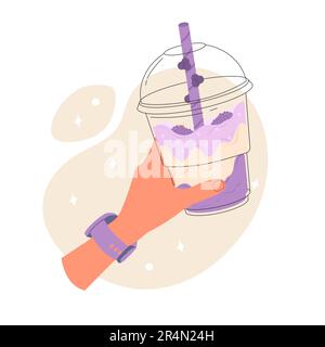 Una mano di donna tiene un milkshake in un vetro di plastica Illustrazione Vettoriale
