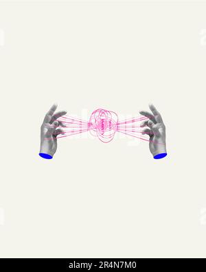 Le mani umane e le linee aggrovigliate simboleggiano le sfide e le difficoltà professionali. Brainstorming. Collage d'arte contemporanea. Foto Stock