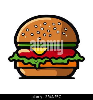 Hamburger carino. Immagine di un cheeseburger. Hamburger appetitosi in stile piatto. Illustrazione Vettoriale