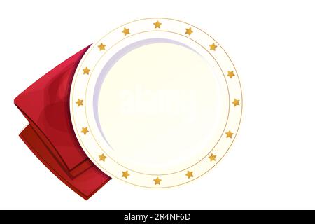 Piatto di festa, piatto luminoso vuoto vista dall'alto con stelle dorate, ornamento bordo decorazione di Natale, tovagliolo festivo in stile cartone animato isolato su sfondo bianco. Illustrazione vettoriale Illustrazione Vettoriale