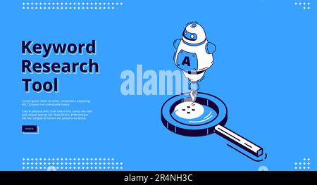 Ricerca parola chiave strumento di destinazione isometrico con grande lente di ingrandimento, intelligenza artificiale isolato su blu. Ottimizzazione SEO, servizio di analisi 3D illustrazione vettoriale, banner web line art Illustrazione Vettoriale