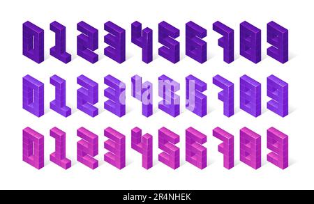 Numeri isometrici composti da 3D cubi. Le cifre viola, viola e rosa sono isolate in fila su sfondo bianco. Elementi vettoriali di font geometrici, segni di blocco, insieme di simboli matematici da zero a nove Illustrazione Vettoriale