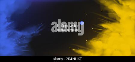 Holi polvere dipinge banner vuoto modello, bordo orizzontale con spruzzi di colore blu e giallo su sfondo nero nuvola colorata o esplosione, annuncio indiano festival. Rappresentazione realistica del vettore 3D Illustrazione Vettoriale