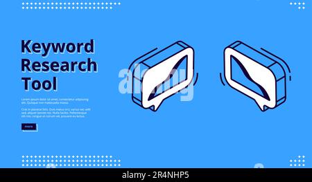 Pagina di destinazione isometrica dello strumento di ricerca di parole chiave, grafici in crescita in bolle di linguaggio su sfondo blu. SEO concetto di ottimizzazione, parole chiave servizio di analisi 3D vettore illustrazione, line art banner web Illustrazione Vettoriale