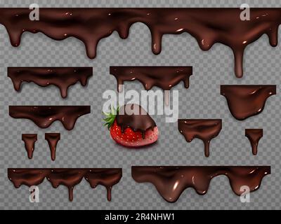 Gocciolamento di cioccolato fuso isolato su fondo trasparente. Set realistico vettoriale di gocce, spruzzi e flusso di crema di cacao. Fragola in cioccolato liquido scuro Illustrazione Vettoriale