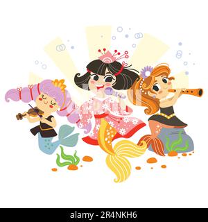Tre simpatici musicisti sirene cartoon. Illustrazione di cartoni animati vettoriali in stile piatto isolato su sfondo bianco. Per stampa, disegno, poster, adesivi, c Illustrazione Vettoriale