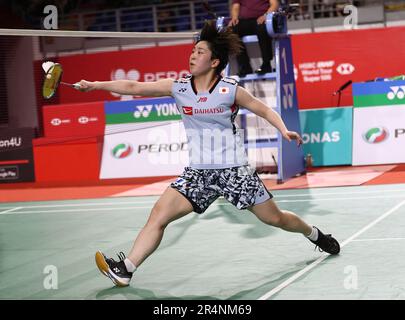 Kuala Lumpur, Malesia. 28th maggio, 2023. Akane Yamaguchi del Giappone gioca contro Gregoria Mariska Tunjung dell'Indonesia durante la partita finale delle Donne Singles del Perodua Malaysia Masters 2023 all'Axiata Arena. Akane Yamaguchi ha vinto con punteggi; 21/21 : 17/7. (Foto di Wong Fok Loy/SOPA Images/Sipa USA) Credit: Sipa USA/Alamy Live News Foto Stock