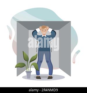 Esempio di attacco di panico. Uomo, fiore, camera. Disegno grafico vettoriale modificabile. Illustrazione Vettoriale