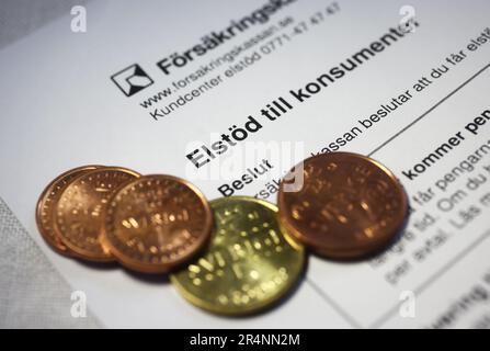 Qualcuno che ha ricevuto notifica dall'Agenzia svedese delle assicurazioni sociali (in svedese: försäkringskassan) circa il sostegno all'energia elettrica. A causa dell'aumento dei costi dell'elettricità, il governo ha deciso che le famiglie svedesi riceveranno un sostegno all'elettricità (elstöd) in base al loro consumo di elettricità. Foto Stock