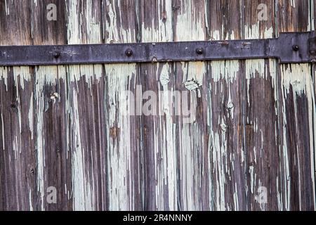 Legno sbiadito e cerniera arrugginita sulla porta a Messimy-sur-Saone, Francia Foto Stock