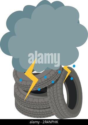 Vettore isometrico dell'icona del deposito pneumatici. Vecchio pneumatico usato e nuvola di tempesta con pioggia. Inquinamento ambientale Illustrazione Vettoriale
