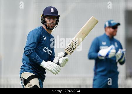 Il Jack Leach dell'Inghilterra durante una sessione di Nets al Lord's Cricket Ground, Londra. Data immagine: Lunedì 29 maggio 2023. Foto Stock