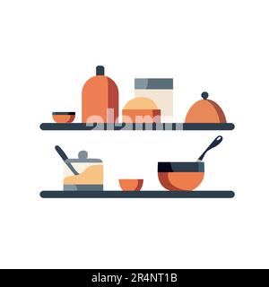 Ripiano per cucina Cartoon. Stoviglie e contenitori da cucina. Immagine vettoriale piatta su bianco Illustrazione Vettoriale