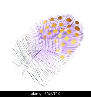 Acquerello pennacchio viola. Piuma d'uccello morbida e rovinosa. Elemento disegnato a mano per imballo, etichetta, logo, design a icone. Simbolo di leggerezza. Isolato su Foto Stock