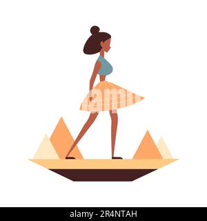 Donna cartoon sullo sfondo delle piramidi egiziane. Agenzie di viaggi di servizi di pubblicità turismo vettoriale. Design moderno e piatto dalle forme semplici Illustrazione Vettoriale