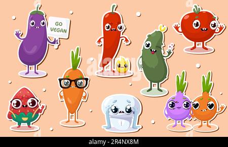 Illustrazione vettoriale degli adesivi per personaggi veggie Illustrazione Vettoriale