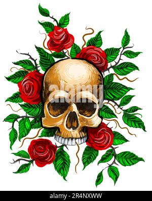 Cranio umano e rose rosse. Inchiostro disegnato a mano su carta e colorato a mano su compressa Foto Stock