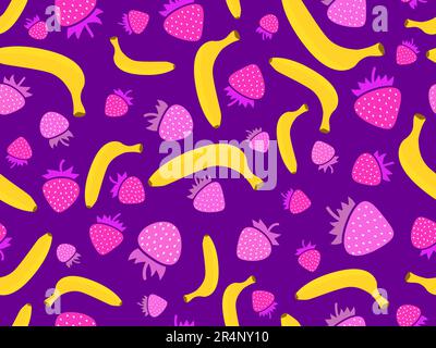 Fragole con motivo a banana senza cuciture. Banane e fragole su sfondo viola. Mix di frutta estiva in stile minimalista. Design per avvolgibili Illustrazione Vettoriale