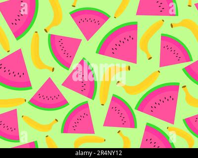 Motivo senza cuciture con anguria e banana. Pezzi di anguria con semi. Sfondo tropicale estivo. Carta da parati, stampa su carta, promozione Illustrazione Vettoriale