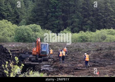 I membri della Commissione indipendente per la localizzazione dei resti delle vittime (ICLVR), lavorano a Bragan Bog in Co Monaghan, dove è in corso un accurato scavo per l'adolescente scomparso Columba McVeigh. McVeigh, 19 anni, di Donaghmore nel Co Tyrone, è stato assassinato e sepolto segretamente dall'IRA nel 1975. Data immagine: Lunedì 29 maggio 2023. Foto Stock