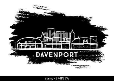 Davenport Iowa City Skyline Silhouette. Schizzo disegnato a mano. Concetto di viaggio d'affari e turismo con architettura moderna. Illustrazione vettoriale. Illustrazione Vettoriale