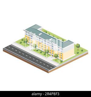 Edificio residenziale isometrico a cinque piani. Icona o elemento infografica. Illustrazione vettoriale. Casa di città. Simbolo architettonico isolato su bianco. Illustrazione Vettoriale