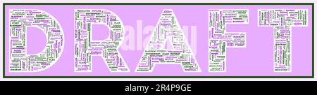 TESTO BOZZA riempito con parole chiave correlate di varie dimensioni. Bozza nuvola di parole. Elegante illustrazione vettoriale. Illustrazione Vettoriale