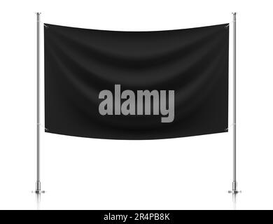 Bandiera nera per striscioni in tessuto appesa su pali, isolata su sfondo bianco. Banner orizzontale tessile mockup realistico. Illustrazione Vettoriale