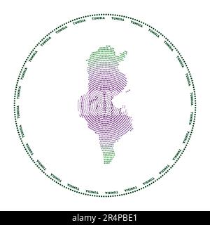 Tunisia, logo rotondo. Forma in stile digitale della Tunisia in cerchio punteggiato con il nome del paese. Icona tecnologica del paese con punti graduati. Illustrazione Vettoriale