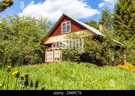 Cottage in legno a verde collina in giardino verde in villaggio il giorno di maggio soleggiato Foto Stock