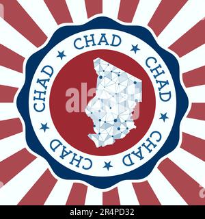Badge Chad. Logo rotondo di paese con mappa a maglia triangolare e raggi radiali. Vettore EPS10. Illustrazione Vettoriale