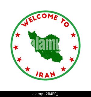 Benvenuto nel francobollo iraniano. Francobollo rotondo grunge country con texture a tema rosso Pegasus. Sigillo Iran geometrico in stile vintage. Illustrazione Vettoriale
