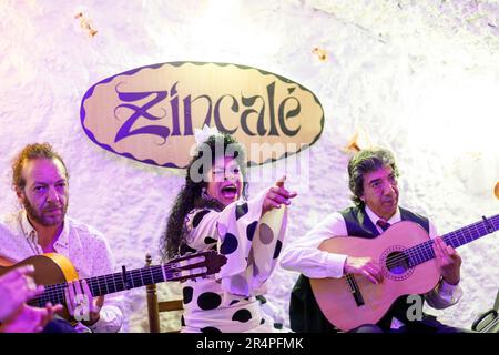 Spagna, Andalusia, Granada, cantante di flamenco e chitarristi che suonano in una grotta nel quartiere di Sacromonte. Foto Stock
