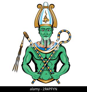 Osiride. Illustrazione vettoriale di un antico dio egiziano signore dei morti e rinati con pelle verde tiene simboli di potere nelle sue mani Illustrazione Vettoriale