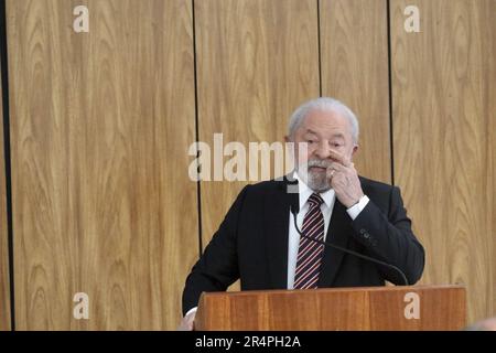 Brasilia, Distrito Federale, Brasil. 29th maggio, 2023. (INT) Conferenza stampa con Maduro, Presidente del Venezuela. 29 maggio 2023, Brasilia, Distretto Federale, Brasile: Il Presidente del Venezuela, Nicolas Maduro, durante una conferenza stampa al fianco del Presidente del Brasile, Luiz Inacio Lula da Silva, al Palazzo Planalto, a Brasilia, dopo un incontro riservato tra i due. Credit: ZUMA Press, Inc./Alamy Live News Foto Stock