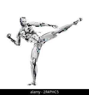 master cyber robot sta calciando, 3d illustrazione Foto Stock