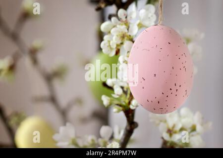 Uova di Pasqua appese sul ramo fiorente dell'albero di mela. Arredamento festivo Foto Stock