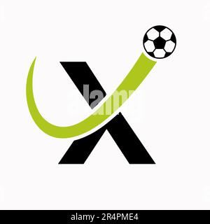 Logo Letter X Soccer. Logo di calcio con icona di calcio in movimento Illustrazione Vettoriale