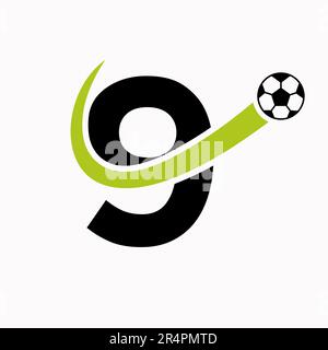 Logo Letter 9 Soccer. Logo di calcio con icona di calcio in movimento Illustrazione Vettoriale