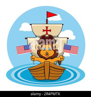 Felice Columbus Day America con Leone carino e nave in Mare, Cartoon, Mascotte, animali, personaggio, Vettore e illustrazione. Illustrazione Vettoriale