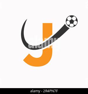 Logo Letter J Soccer. Logo di calcio con icona di calcio in movimento Illustrazione Vettoriale