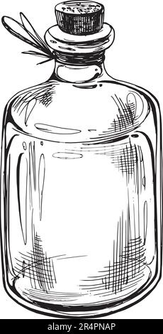 Vaso di vetro con tappo. L'illustrazione è disegnata a mano con inchiostro nero, immagine. Vettore EPS. Oggetto isolato su sfondo bianco. Illustrazione Vettoriale