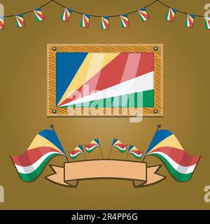 Seychelles Bandiere su telaio legno, etichetta, gradiente semplice e Vector Illustration Illustrazione Vettoriale