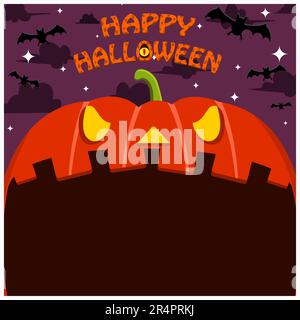 Carattere di Halloween Design. Con il carattere di zucca. Faccia grande e bocca aperta. A Gravefield. Vettore e illustrazione Illustrazione Vettoriale