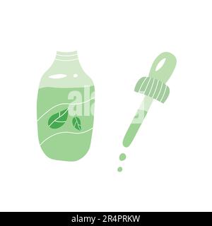 Farmaco liquido verde con flacone e pipetta. Doodle cartoon illustrazione di medicina naturale liquida. Illustrazione Vettoriale