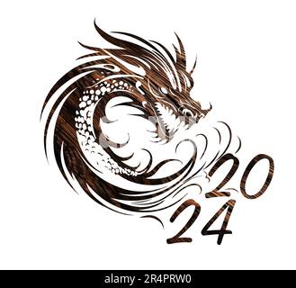 Simbolo di felice anno Cinese nuovo 2024 Drago verde. Simbolo di 2024. Drago verde in legno. Biglietto d'auguri con illustrazione vettoriale. Segno zodiacale, Illustrazione Vettoriale