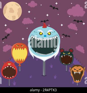 Testa Monster impostato in campo e Notte. Big Creepy Gnome Head, Balloon, One Eye Monster, Wolf Man e mouse. Vettore e illustrazione. Illustrazione Vettoriale