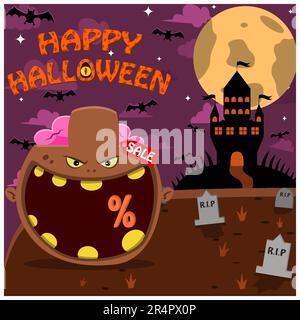 Testa del personaggio di Halloween con testa di zombie marrone sul cimitero e sul palazzo. Percentuale, vendita e sfondo scuro. Vettore e illustrazione Illustrazione Vettoriale