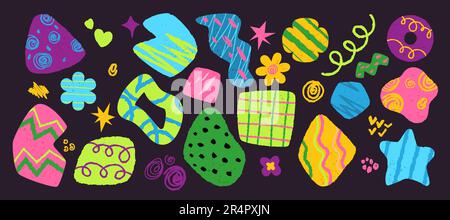 Un insieme di forme geometriche futuristiche colorate, in forma di fiore, stella, spot, elementi astratti di design luminoso, sfondo creativo alla moda. Vettore Illustrazione Vettoriale