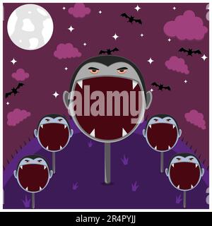 Design della testa di Halloween. Dracula personaggio in campo e di notte. Vettore e illustrazione Illustrazione Vettoriale